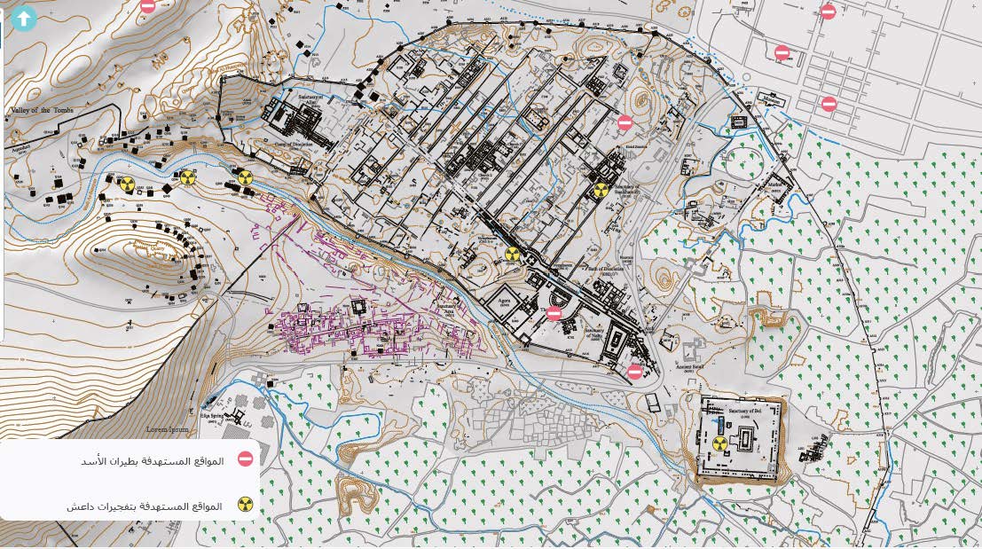 Figure No. 2: Map showing landmarks targeted by ISIS and Assad regime warplanes, by iDAI. world, 19 /7/2015. Edited by Hasan Ali.