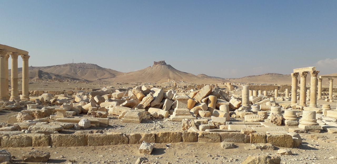 Figure 7: Photos of the temple of BaalShamin before and after the bombing. Photo by Hasan Ali 2007, Mohammed Fares 2025