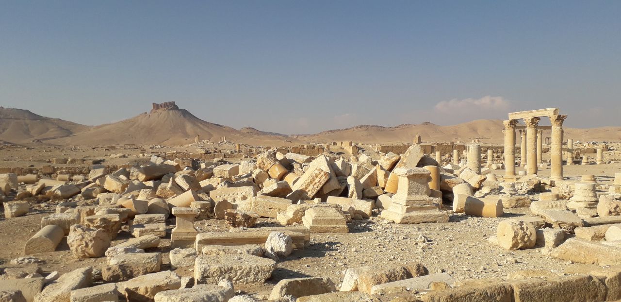 Figure 7: Photos of the temple of BaalShamin before and after the bombing. Photo by Hasan Ali 2007, Mohammed Fares 2025